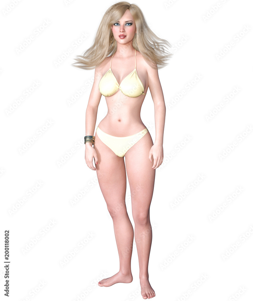 3D beautiful blond woman swimsuit bikini. Summer rest. Conceptual fashion art. Seductive candid pose. Realistic render illustration. Isolate 3D beautiful blond woman swimsuit bikini. Summer rest. Conceptual fashion art. Seductive candid pose. Realistic render illustration. Isolate
