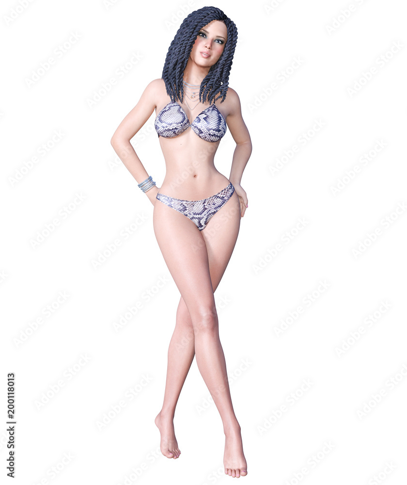 3D beautiful dark haired woman swimsuit bikini. Summer rest. Conceptual fashion art. Seductive candid pose. Realistic render illustration. Isolate