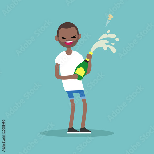 Celebration concept. Young black man opening a bottle of champagne and having fun. Opened champagne sprayed / flat editable vector illustration
