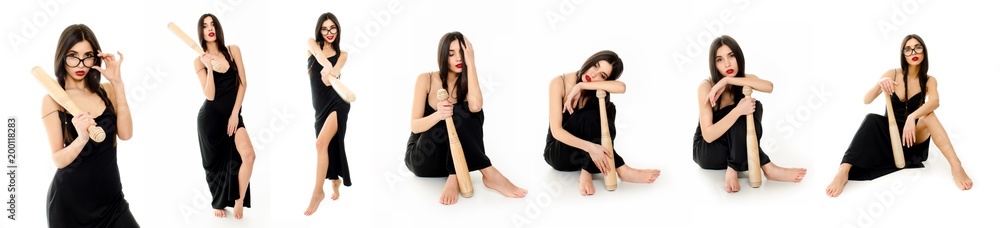 Fototapeta premium collage, girl in a black dress with a baseball bat on a white background
