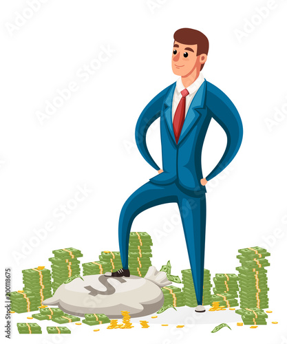 Businessman stand on a pile of money. Businessman in blue suit. Cartoon style character design. Vector illustration on white background. Website page and mobile app design