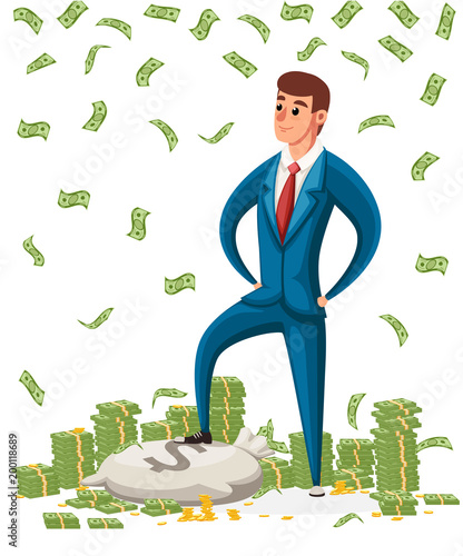 Businessman stand on a pile of money. Businessman standing under money rain. Cartoon style character design. Vector illustration on white background. Website page and mobile app design