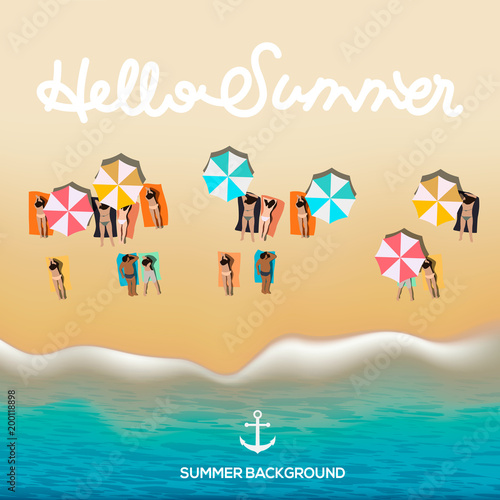 Hello summer poster, beach with waves, umbrellas, bright towels, vector illustration.