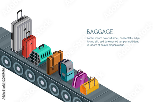 Isolated vector 3d isometric illustration of conveyor belt with luggage, suitcases, bags. Concept for checked baggage