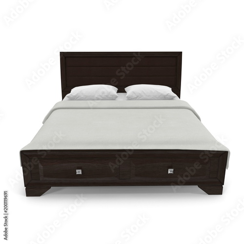 Double bed isolated over white. Front view. 3D illustration