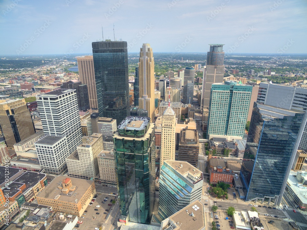 Fototapeta premium Minneapolis, Minnesota Skyline seen from above by Drone in Spring