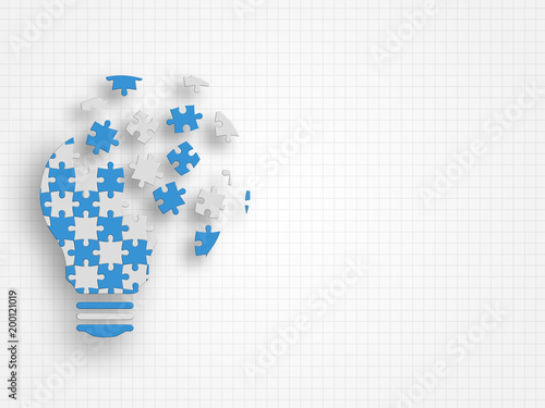 Lightbulb filled in with jigsaw puzzle pieces falling apart on grid background. Technology background. Vector illustration.