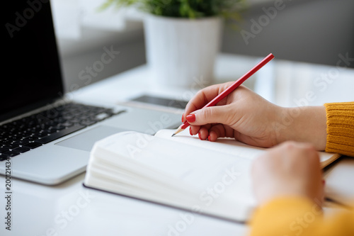 Woman writes in a diary in the office