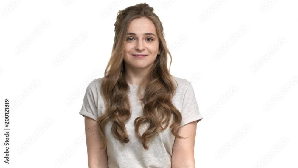 Portrait of charming woman throwing up hands in rejection meaning do