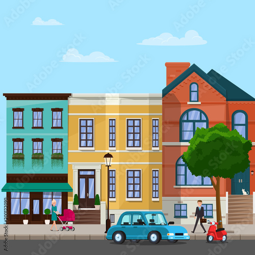 City street with apartment buildings. City architecture. Vector flat illustration.Walking people on the street. Transport on the road.