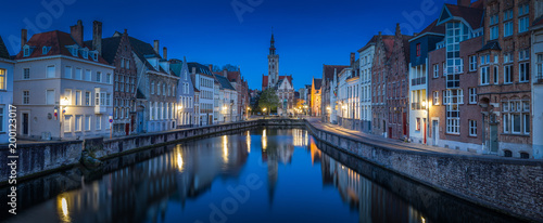 Brugge city panorama at night, Flanders, Belgium