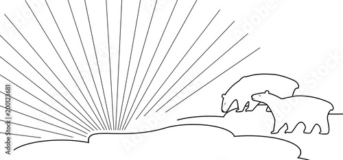 Two stylized polar bears against the background of rays of polar sun