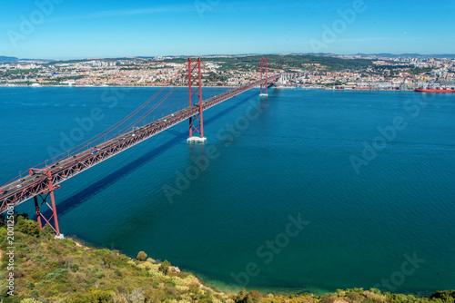 View over Tagus river and the 25th April Bridge in Lisbon, Portugal