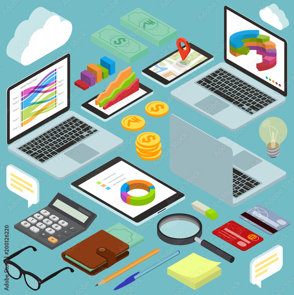 Isometric busines office workspace elements