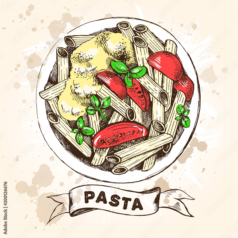 Penne pasta with cherry tomatoes and basil. Dish of Italian cuisine. Ink  hand drawn Vector illustration. Top view. Food element for menu design.  Stock Vector | Adobe Stock