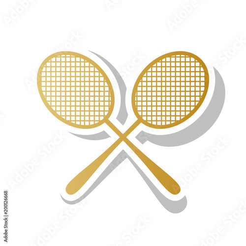 Two tennis racket sign. Vector. Golden gradient icon with white 