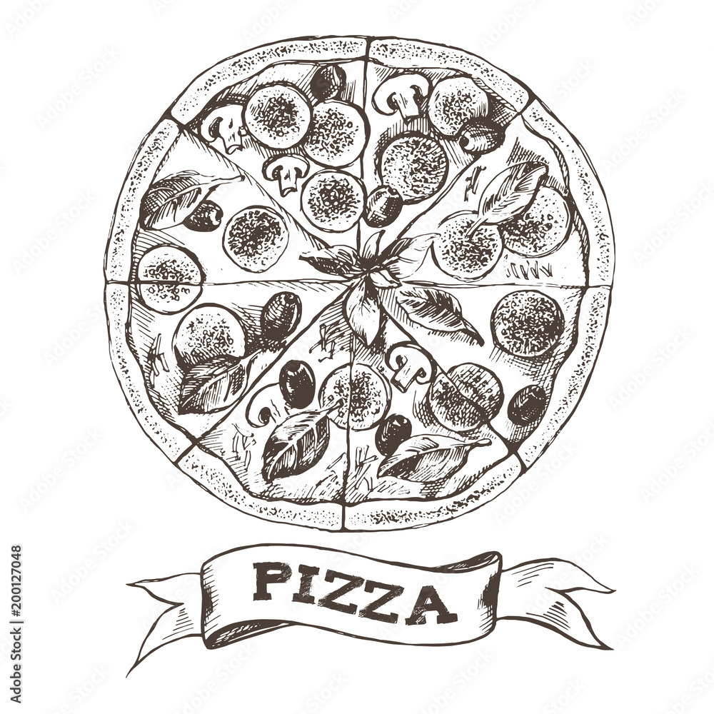 Pizza with pepperoni, olives and champignons. Italian cuisine. Ink hand drawn Vector illustration. Top view. Food element for menu design.