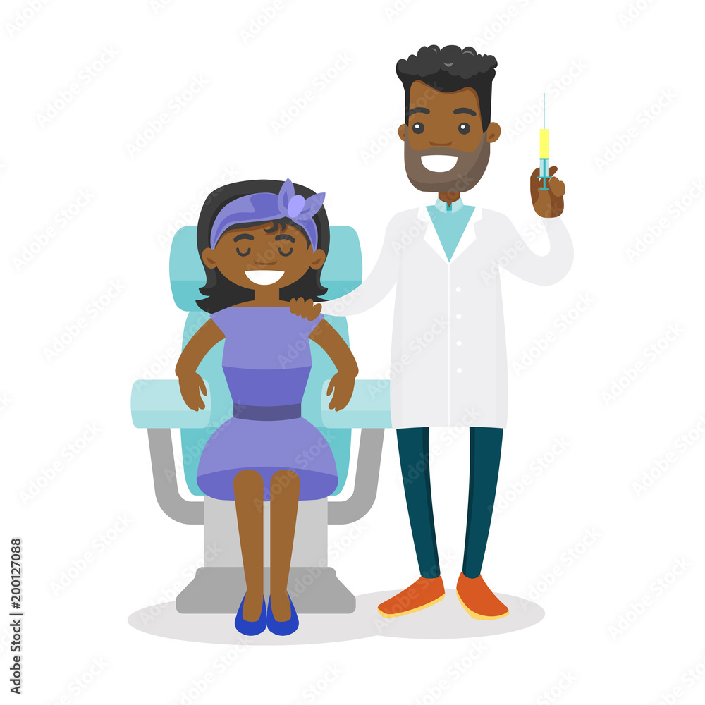 Young african-american doctor standing next to the female client in beauty salon and holding a syringe for beauty injection. Vector cartoon illustration isolated on white background. Square layout.