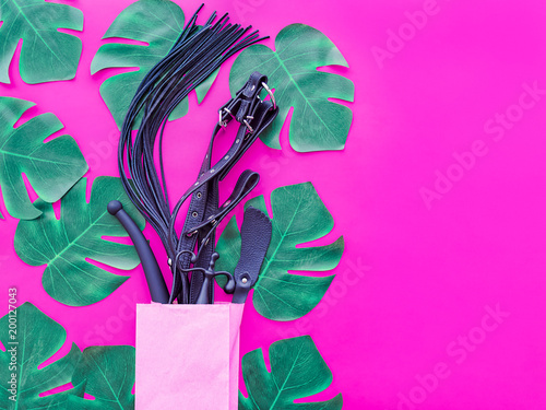Sex toys are in a paper shopping bag. The leaves of the palm tree are scattered around. The objects are in the background of fuchsia. Image of the theme of summer shopping in a sex shop