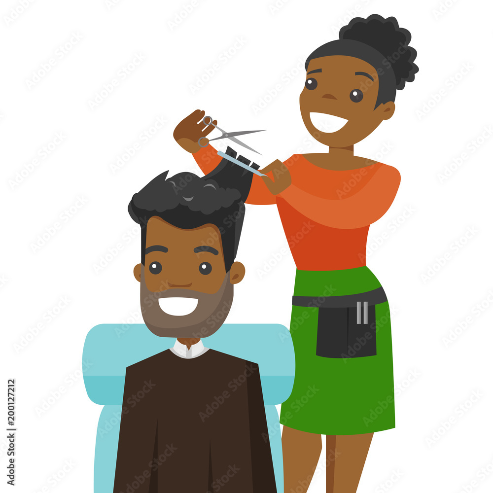 Young hairdresser cutting the hair of a man in barber shop. Barber making a  haircut to a african-american client with scissors. Vector cartoon  illustration isolated on white background. Square layout Stock Vector |