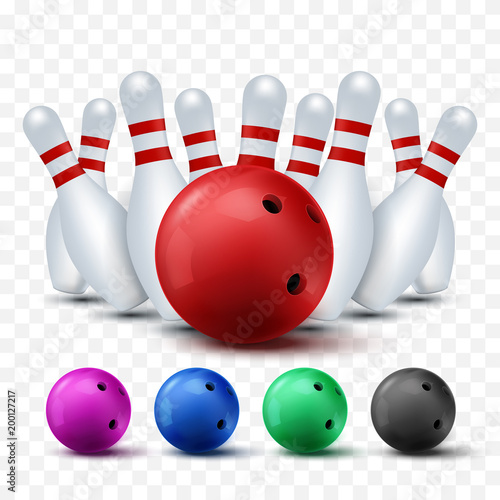 Bawling template. Vector colorful bowling balls and skittles isolated on transparent background.