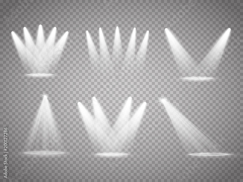 Set of vector isolated spotlights. Stage light on transparent background.
