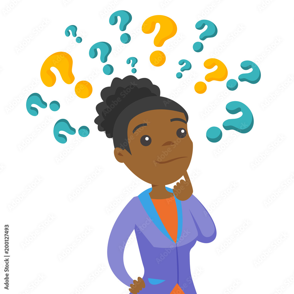 Confused african-american business woman standing under question marks and thinking. Business woman in doubt surrounded by question marks. Vector cartoon illustration isolated on white background. Confused african-american business woman standing under question marks and thinking. Business woman in doubt surrounded by question marks. Vector cartoon illustration isolated on white background.