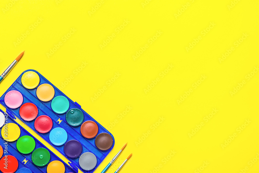 Blue Palette with Rows of Multicolored Watercolor Paints Brushes on Bright  Yellow Background. Arts School Class Creativity Painting Hobbies Kids  Education Concept. Poster Banner Streamer Template Stock Photo | Adobe Stock