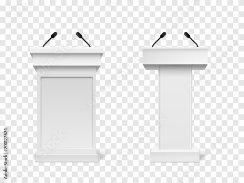 Set of Vector White Podium Tribune Rostrum Stand with Microphones Isolated