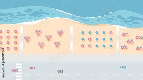 Aerial view road and sea beach with beach umbrellas and walking path, blue tone