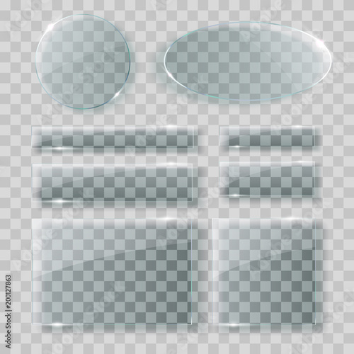 Glass plates set. Vector acryl banners on transparent background.