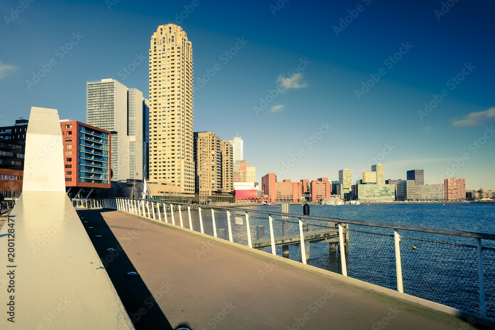 Rotterdam skyline, a bridge in the front.