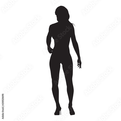 Standing and posing fitness woman, isolated vector silhouette