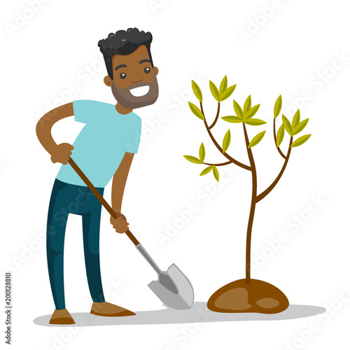 African-american gardener plants a tree with a shovel. Man standing near newly planted tree. Environmental protection and gardening concept. Vector cartoon illustration isolated on white background.