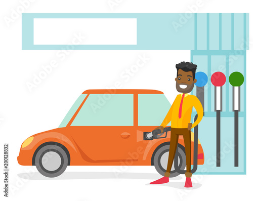 Young african-american businessman in suit filling up fuel into the car at the gas station. Cheerful man refueling a car. Vector cartoon illustration isolated on white background.