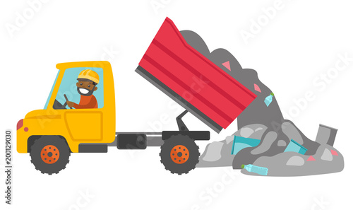 Young african man driving a garbage truck and unloading waste on a rubbish dump. Worker dumping the rubbish on a landfill. Vector cartoon illustration isolated on white background. Horizontal layout.