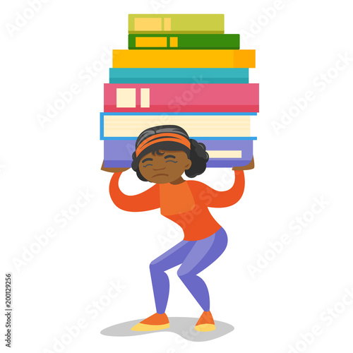 Young african-american tired college student carrying a heavy pile of books on back. Female university student walking with stack of books. Vector cartoon illustration isolated on white background.