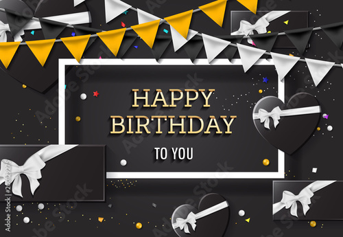 Happy Birthday Greeting Card with colorful balloons and confetti.