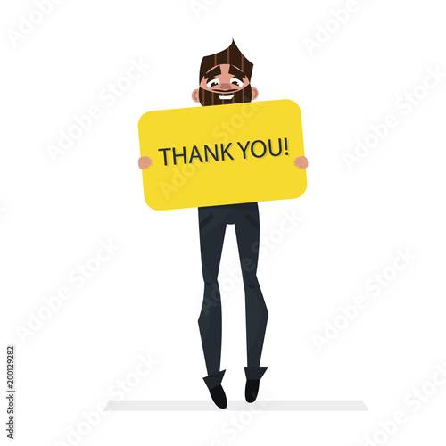 Cute brunette man holding blank board banner thank you in hands