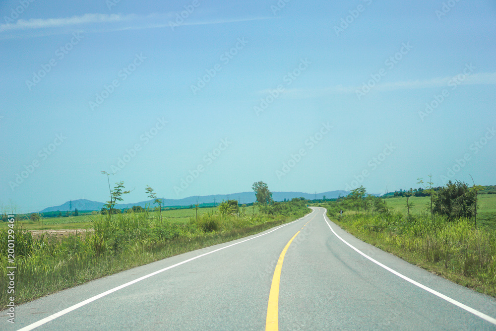 Road through green meadows, travel concepts or travel.
