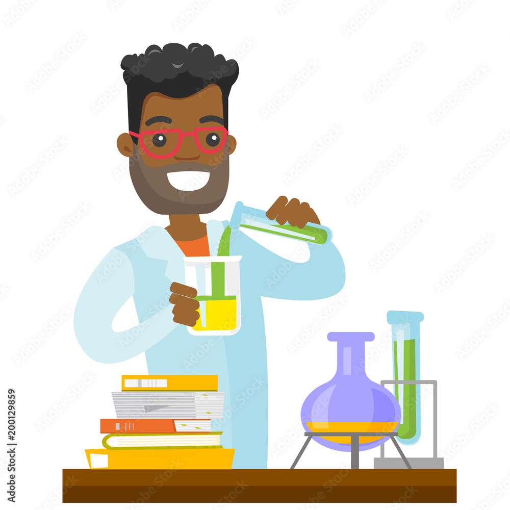 African-american student carrying out laboratory experiment. Young happy student working with a microscope in chemistry class. Vector cartoon illustration isolated on white background. Square layout. African-american student carrying out laboratory experiment. Young happy student working with a microscope in chemistry class. Vector cartoon illustration isolated on white background. Square layout.