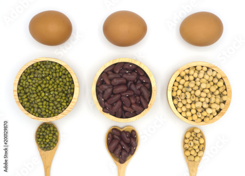 many mix seed green, red and soy bean, with wooden blow and spoon, Healthy and nutrition, high protein, food concept style