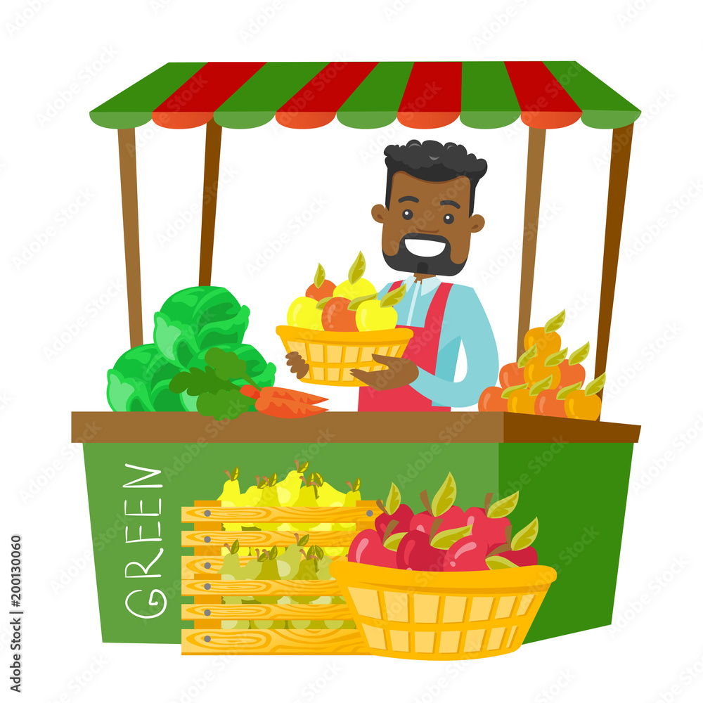 Young african-american street seller standing behind market stall with  fruit and vegetables and holding basket with apples. Vector cartoon  illustration isolated on white background. Square layout. Stock Vector |  Adobe Stock