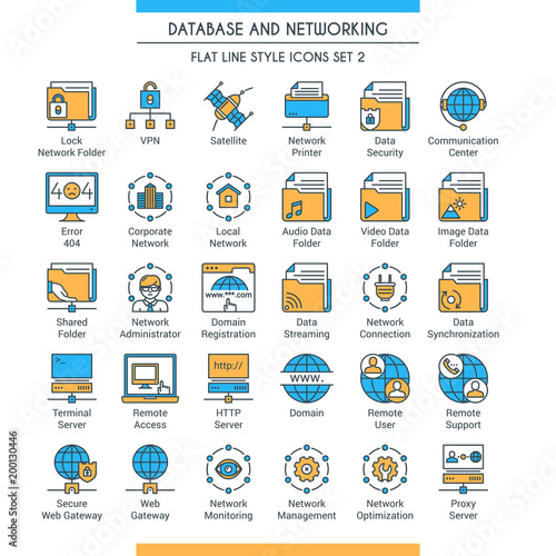 Database and networking icons set. Modern icons on theme storage, analysis, organization, synchronization and data transfer. Flat line design icons collection. Vector illustration