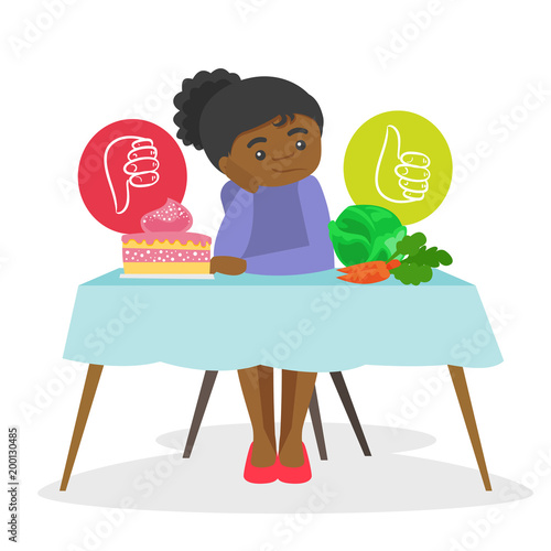 African-american woman sitting at the table and choosing between vegetables and cake. Choice between healthy and unhealthy nutrition concept. Vector cartoon illustration isolated on white background.