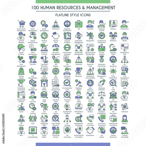 Business management and human resources big icons set. Modern icons on theme business people, analysis, organization, conference and office working. Flat line design icons collection