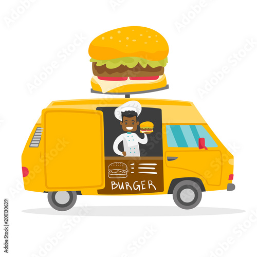 Young happy african-american street seller selling burgers
