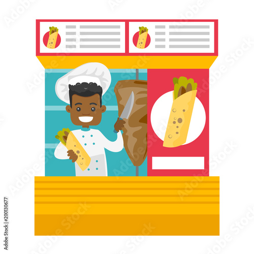 Young happy african-american chef preparing shaurma in a street kiosk. Small business and oriental fast food concept. Vector cartoon illustration isolated on white background. Square layout.