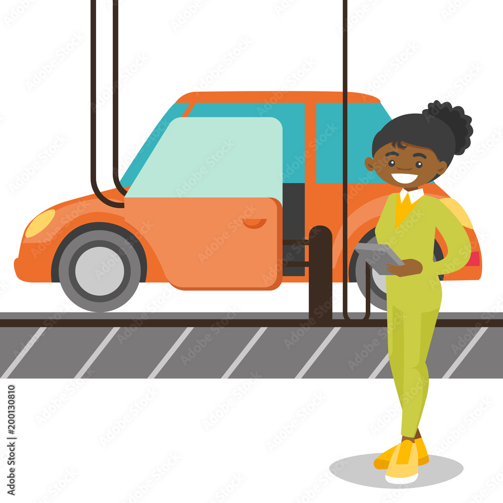 African-american worker of factory controlling automated assembly line for cars. Young engineer at work at car factory. Car production concept. Vector cartoon illustration isolated on white background African-american worker of factory controlling automated assembly line for cars. Young engineer at work at car factory. Car production concept. Vector cartoon illustration isolated on white background