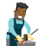 African-american blacksmith working metal with hammer on the anvil in the forge. Young man at work in a smithy. Blacksmith forging the molten metal on anvil. Vector cartoon illustration. Square layout